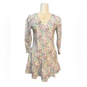Mi ami Floral V-Neck Long-Sleeve Tiered Dress - Pink, Green & Cream